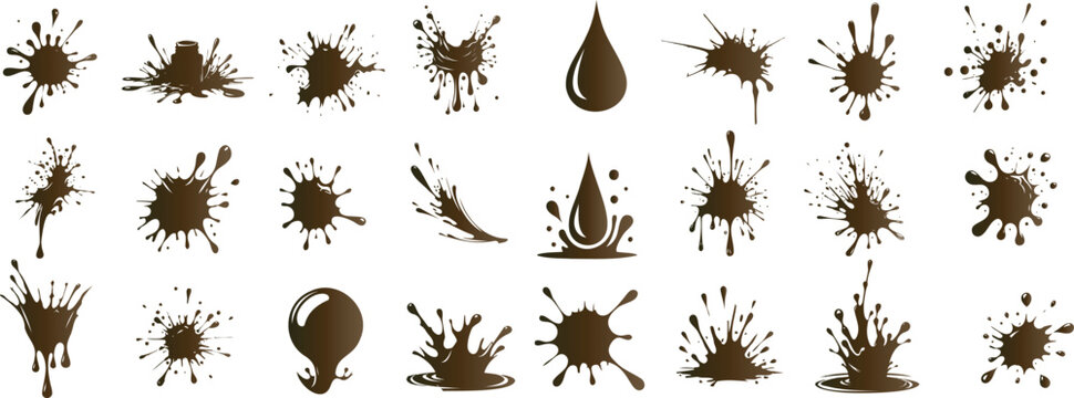 Mud splatter vector set, dirty liquid drops, stains isolated on white, ideal for grunge effect, artistic design, texture enhancement