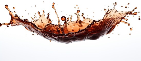 An artistic and dynamic splash of chocolate captured in midair against a clean and crisp white...