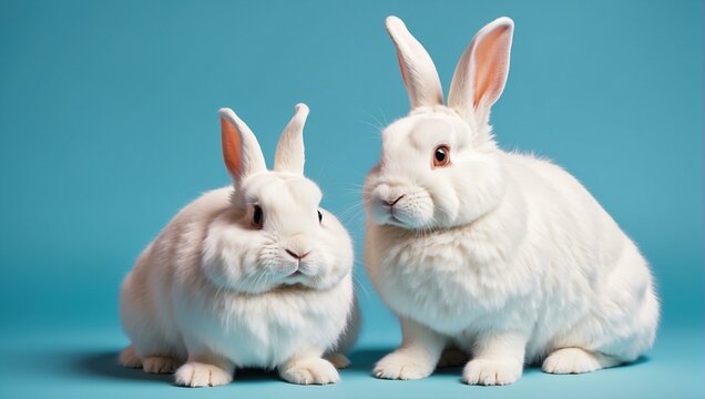 Two cute white rabbits sitting side by side on a vibrant blue background, looking forward