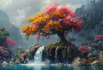 Beautiful tree with waterfall view. Created with Ai - obrazy, fototapety, plakaty