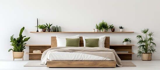 A cozy bedroom featuring a comfortable bed, a green plant in a pot, and a wooden shelf for storage
