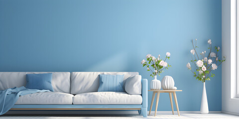 modern living room with sofa and coushion InteriorArchitecture StylishLiving blue wall background