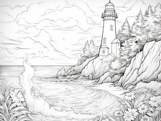 Lighthouse landscape coloring page for adults - serene mountain and ocean scenery with sun, rocks, and zentangle patterns for relaxation and creativity