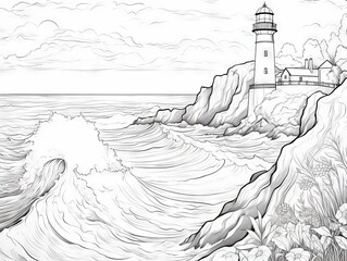 Lighthouse landscape coloring page for adults - serene mountain and ocean scenery with sun, rocks, and zentangle patterns for relaxation and creativity