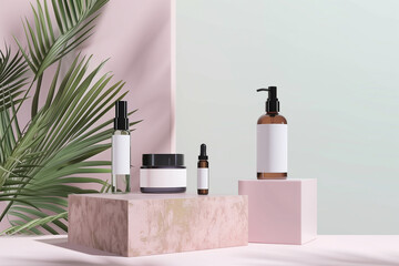 Skincare products mockup on geometric stands with a palm leaf backdrop, spa, soap, creme sometics private label.