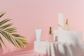 Eco-friendly arrangement mockup of skincare products on a terrazzo pedestal with a pink backdrop, accompanied by a palm leaf's shadow adding a natural touch.