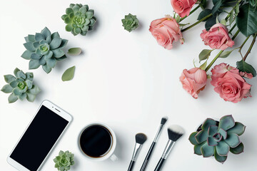 Flat lay of a bouquet of roses, makeup brushes, a cup of coffee, and succulents alongside a smartphone on a white background. - Powered by Adobe