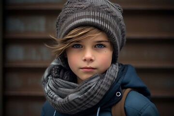 Portrait of a boy in a hat and scarf on the street.