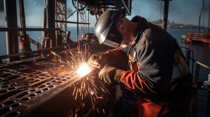 A specialized welder making maintenance improvements on a metal structure on an ocean oil platform