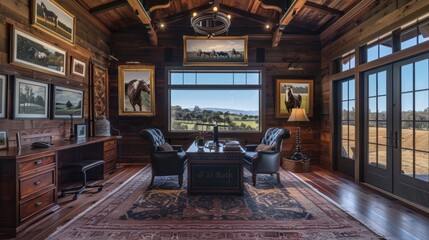 Set against the backdrop of rolling hills and pastures, this office caters to buyers looking for horse farms, equestrian estates, and properties with stables. - obrazy, fototapety, plakaty