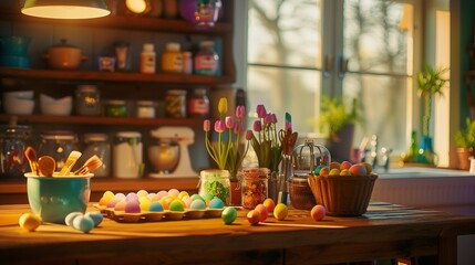 In a cozy kitchen, a wooden table serves as a canvas for a plethora of Easter egg painting supplies and decorative accents

 - obrazy, fototapety, plakaty