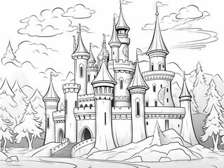 Enchanting fairytale castle coloring page for children’s activity book - interactive art game with fantasy landscape vector illustration