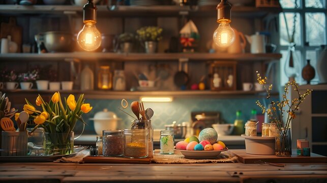 In a cozy kitchen, a wooden table serves as a canvas for a plethora of Easter egg painting supplies and decorative accents

