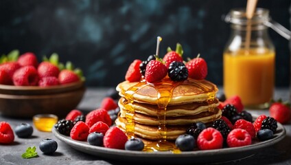 Fluffy pancakes stacked high, dripping with golden syrup and fresh berries, with a side of orange juice