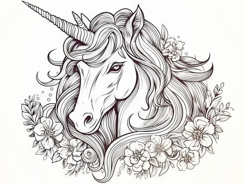 Fantasy unicorn: hand-drawn, zen-tangle style horse sketch for relaxation and coloring enthusiasts, vector illustration