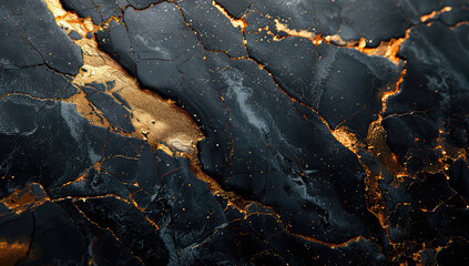 Black marble with golden veins, cracks and gold shimmering on the surface. Created with Ai