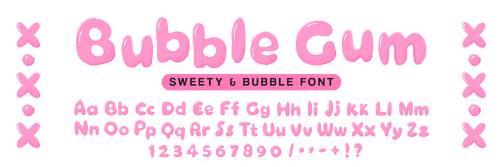 Bubble Gum font in the shape of letters of the English alphabet. Pink bubbles typeface y2k, hand drawn, retro. Full set letters and numbers.