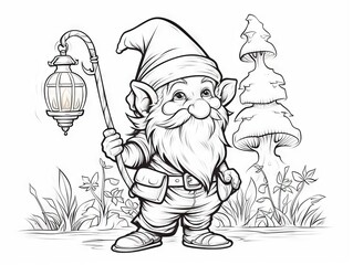 Fototapeta premium Enchanted forest dweller: whimsical gnome with lantern - hand-drawn black and white illustration for fantasy coloring enthusiasts