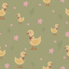 Geese seamless pattern, hand drawn cute kids background, vintage retro pallete