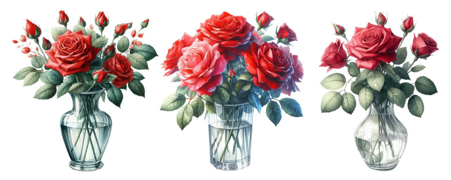 Watercolor illustration material set of red roses in a glass vase