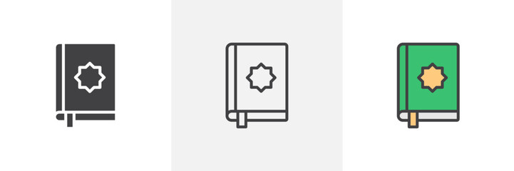 Holy Quran Book Icons. Islamic Scripture and Religious Study Symbols