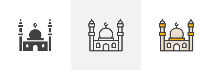 Islamic Mosque Structure Icons. Minaret and Masjid Architecture Symbols
