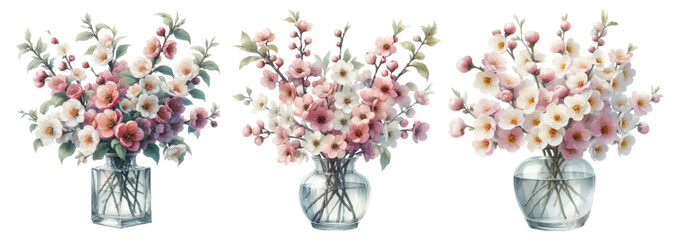 Watercolor illustration material set of plum blossoms in a glass vase