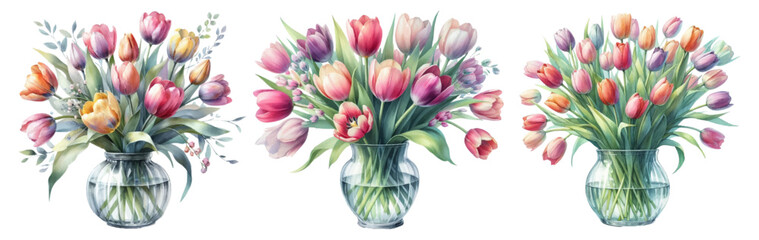 Watercolor illustration material set of tulips in a glass vase