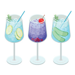 果物が乗ったカクテルのセット_アイソメトリックのイラスト