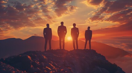 Silhouette of business team stand and feel happy on the most hight at stand on sunset, success, leader, teamwork, target, Aim, confident, achievement, goal, on plan, finish, generate by AI. - obrazy, fototapety, plakaty
