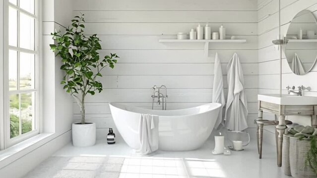 White cottage bathroom decor, interior design and home decor, bathtub and bathroom furniture, English coastal country house
