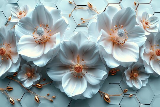White hexagons with a style reminiscent of beautiful convex modules with gold and silver petals. three-dimensional drawing. superior photos for the web and print
