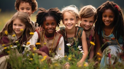 Children from different cultures, races, and ethnicities enjoy together in a meadow with flowers , demonstrating that multiculturalism is an opportunity to build a more just and supportive world - obrazy, fototapety, plakaty