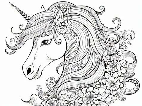 Fantasy unicorn: hand-drawn, zen-tangle style horse sketch for relaxation and coloring enthusiasts, vector illustration