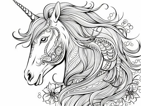 Fantasy unicorn: hand-drawn, zen-tangle style horse sketch for relaxation and coloring enthusiasts, vector illustration