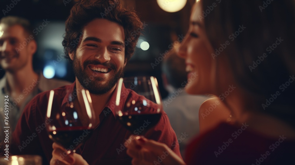 Wall mural close up of happy friends toasting red wine glasses at diner party