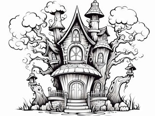Naklejka premium Spooky haunted mansion and mystic fairytale house: Halloween-themed vector coloring page for children - fantasy black and white contour illustration