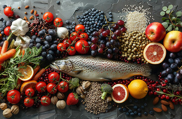 A photo of an array of fresh, colorful fruits and vegetables with fish arranged on the right side of the picture. The background is dark gray, creating contrast between lightness and darkness. 