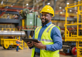 African American supervisor with tablet at heavy industry warehouse