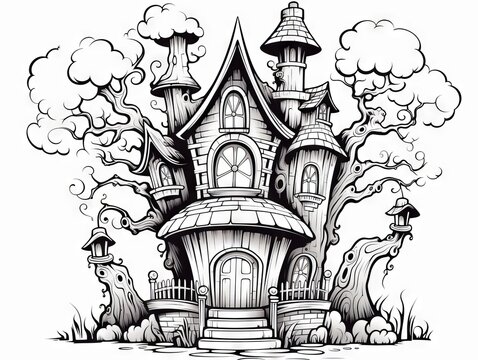 Fototapeta Spooky haunted mansion and mystic fairytale house: Halloween-themed vector coloring page for children - fantasy black and white contour illustration