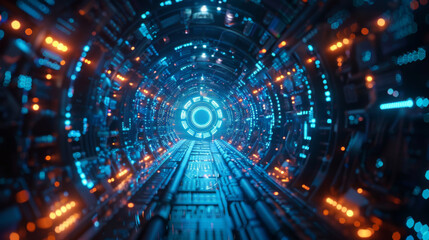 Fototapeta premium An immersive view inside a futuristic tunnel illuminated by intense blue lights and digital patterns, suggestive of advanced technology or space travel.