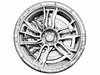 High-speed vehicle dynamics: intricate adult coloring book design - conceptual car wheel illustration with black contour lines on a white background