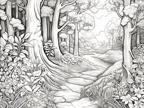 Enchanted woodland pathway: a serene journey through forest trees - ideal for coloring book enthusiasts
