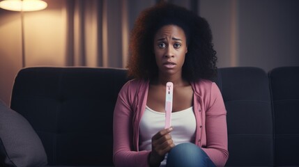 Frustrated and sad young african american woman crying sitting on sofa at home and holding negative pregnancy test