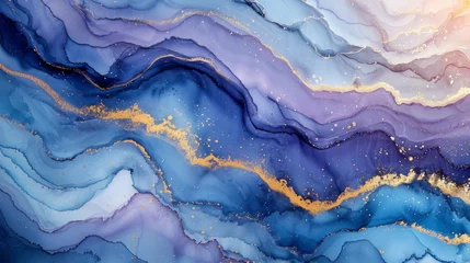  An abstract fluid art painting created with alcohol ink technique. Imitation of marble stone cut, glowing gold veins, with a dreamlike design in blues and purples. © DZMITRY