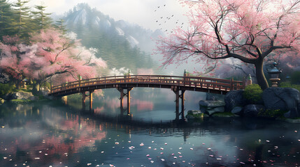 Bridge Over Pond in Japanese Garden in Blossom 