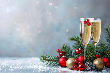 Celebratory Champagne Toast, Festive Background with Glittering Christmas Tree