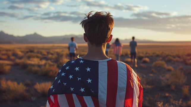 Back view of Men wearing American flag. The concept of  History and Significance of July 4th,  american flag, memorial day,  american democracy,  usa patriotism, victory of us, Ai generated image
