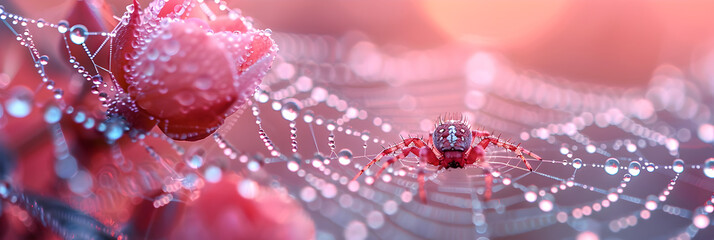Close up spiderweb with dew drops,
Delicate and Intricate Scene Captured in Ultraviolet - obrazy, fototapety, plakaty