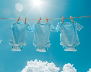 Three blue baby bodysuits pinned on a washing line against clear blue sky with sun shining through, depicting laundry day, innocence and simplicity of infancy